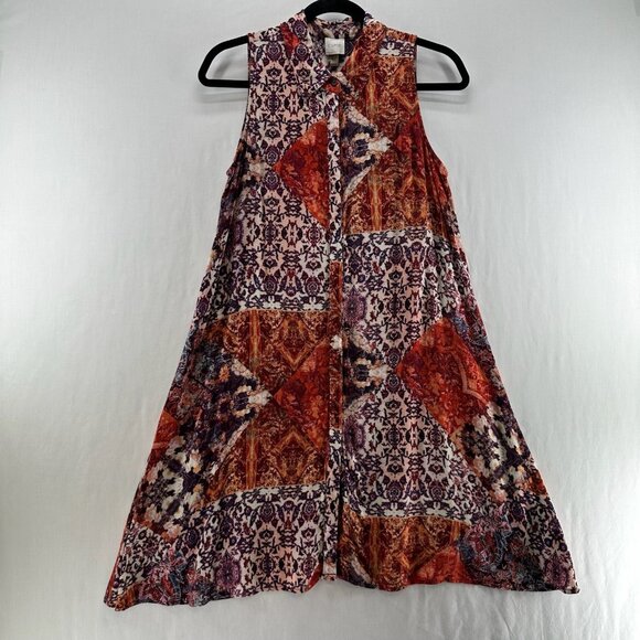 CUPIO Shirt Dress Womens Sz M Patchwork Print Sleeveless Button Front Multicolor - Picture 1 of 11